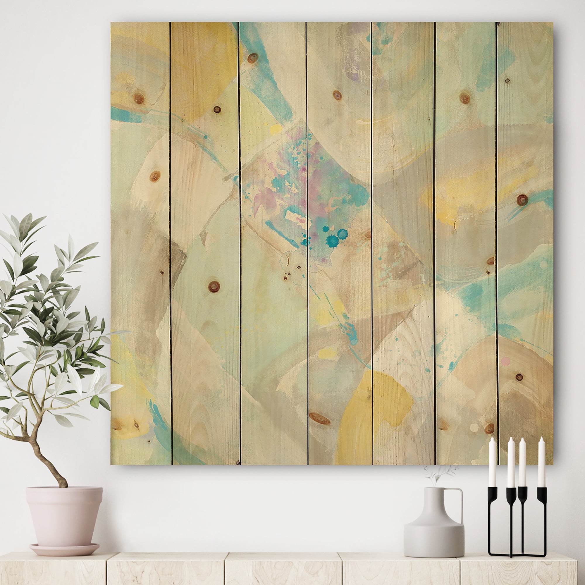 Designart 'Abstract Compositions Of Pastel Green and Blue' Modern & Contemporary Print on Natural Pine Wood