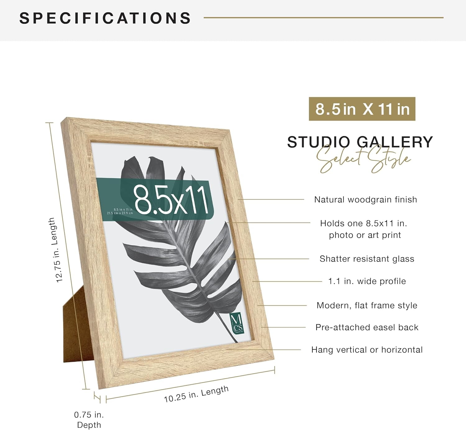 MCS Studio Gallery 8.5x11 Picture Frame Natural Woodgrain, Rectangle Photo Frame for Photos, Posters & Art Prints & Easel for Tapletop Display (1-Pack)
