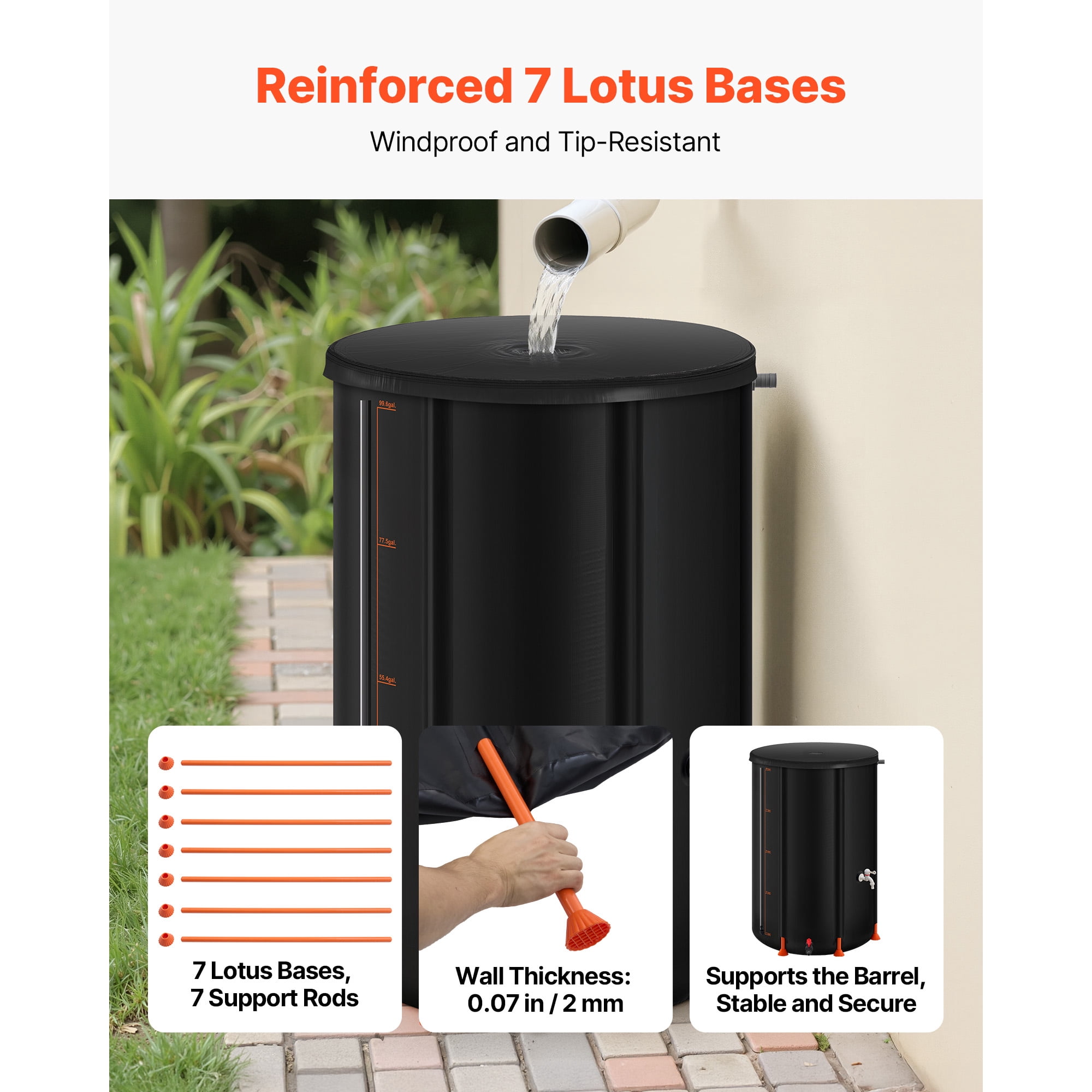 KFFKFF Collapsible Rain Barrel, 100 Gallon Portable Rainwater Collection System, Durable 1000D PVC Water Storage Tank with Spigot & Overflow Kit, Black