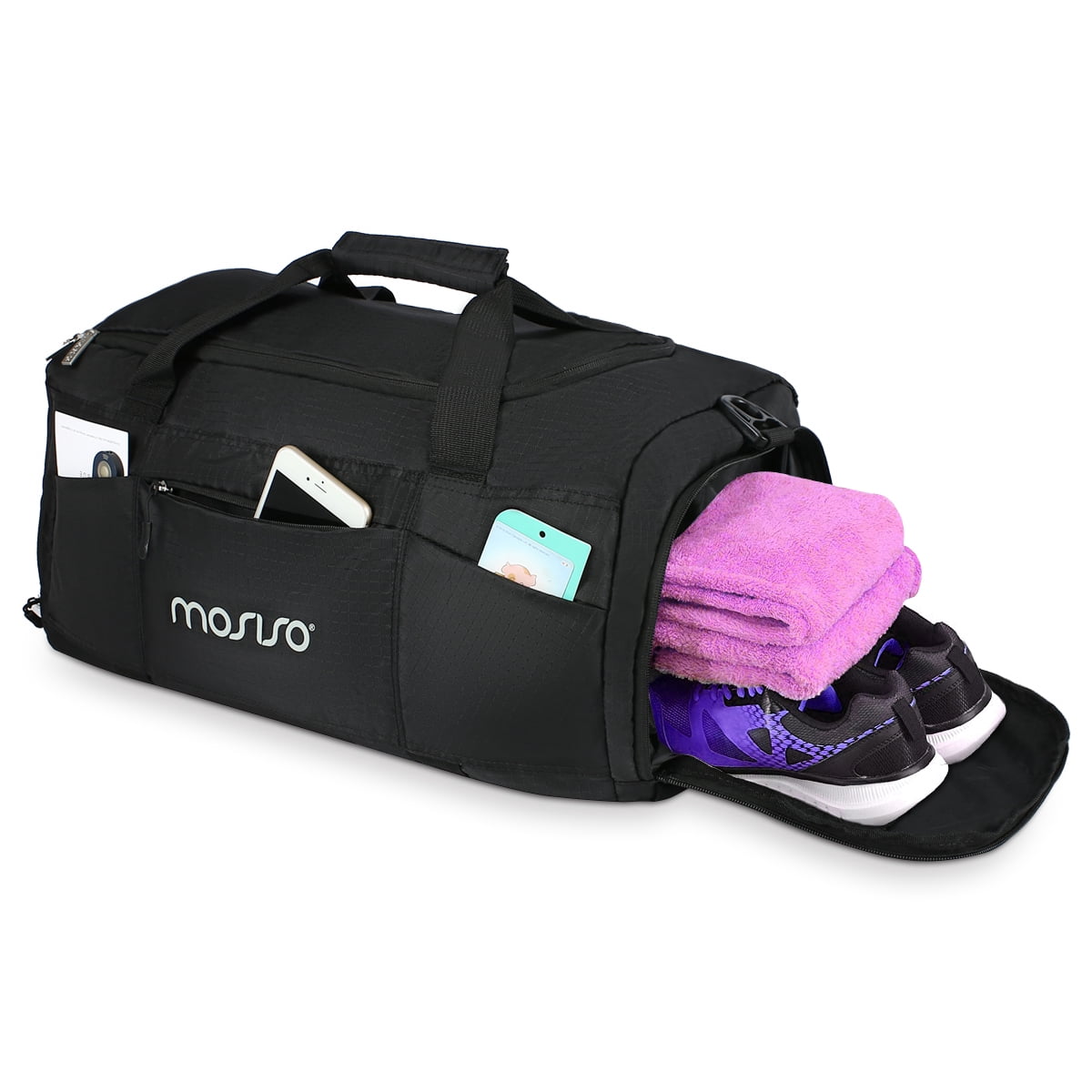 Mosiso Waterproof Sports Duffle Bag Gym Bag Travel Duffel with Adjustable Strap for Sports , Gym ,Vacation , Shopping and Travel ,Polyester Black
