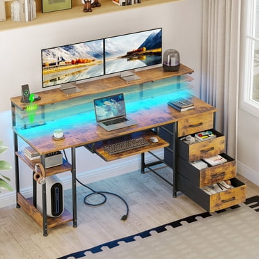 55 inch Office Desk with Power Outlet and Adjustable Monitor Stand, Computer Desk with Fabric Drawer and Keyboard Tray, Gaming Desk with LED Light & PC Stand, Vintage