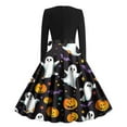 thumbnail image 3 of SwiftWear Women's Spooky Halloween Dress Crew Neck Long Sleeve Pumpkin Print Flared Dress with Bow Belt for Comfortable Party Outfit, Costume​, 3 of 3