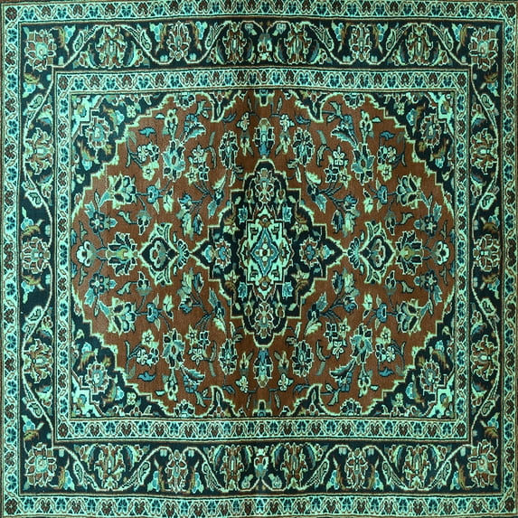 Ahgly Company Machine Washable Indoor Square Medallion Turquoise Blue Traditional Area Rugs, 8' Square