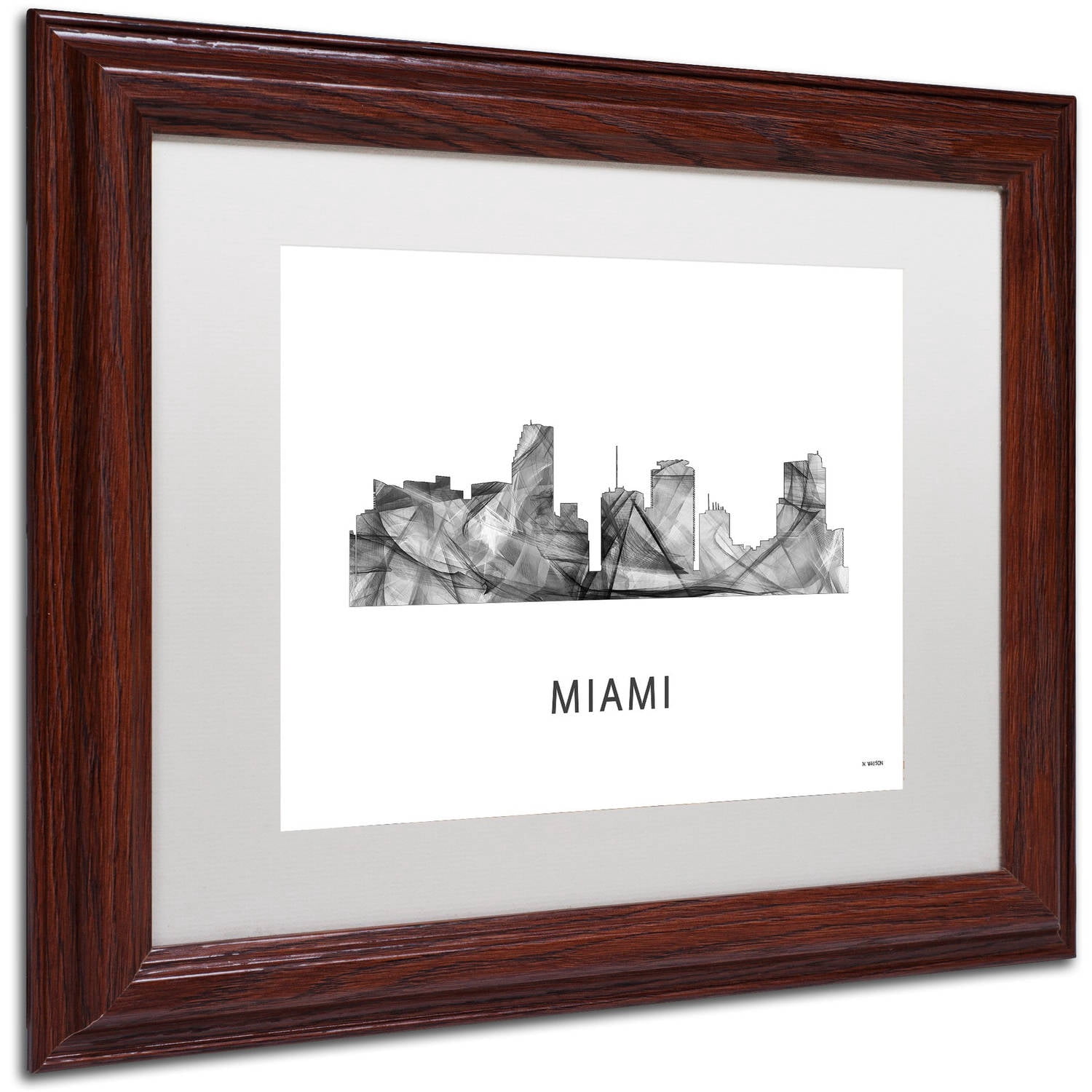 Trademark Fine Art 'Miami Florida Skyline WB-BW' Canvas Art by Marlene Watson, White Matte, Wood Frame