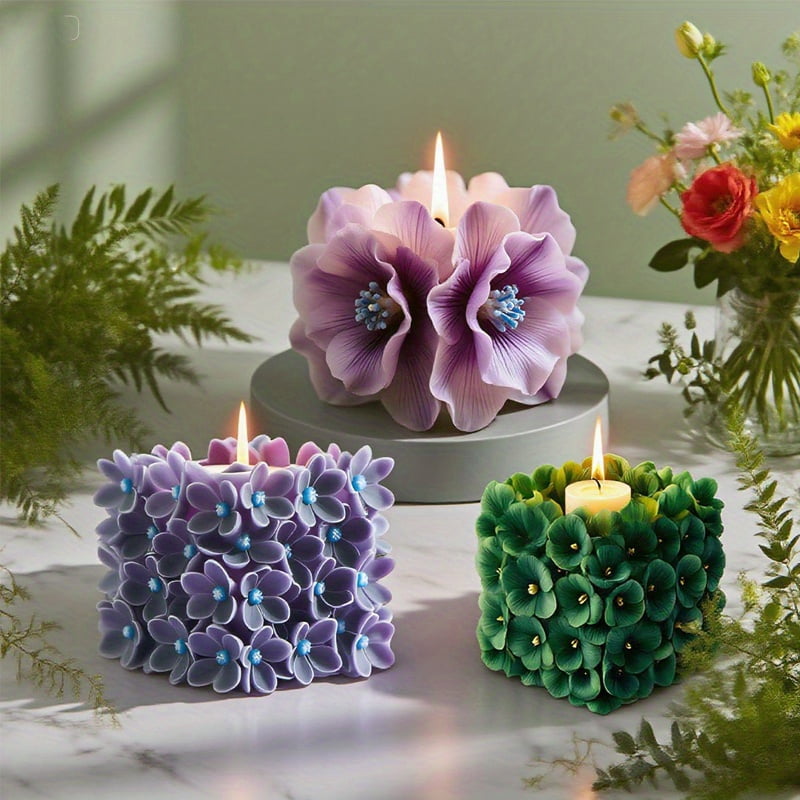 3Pcs Square Hydrangea Silicone Candle Mold, Floral Cube Candle Molds for DIY Candle Making Soap Resin Home Decor