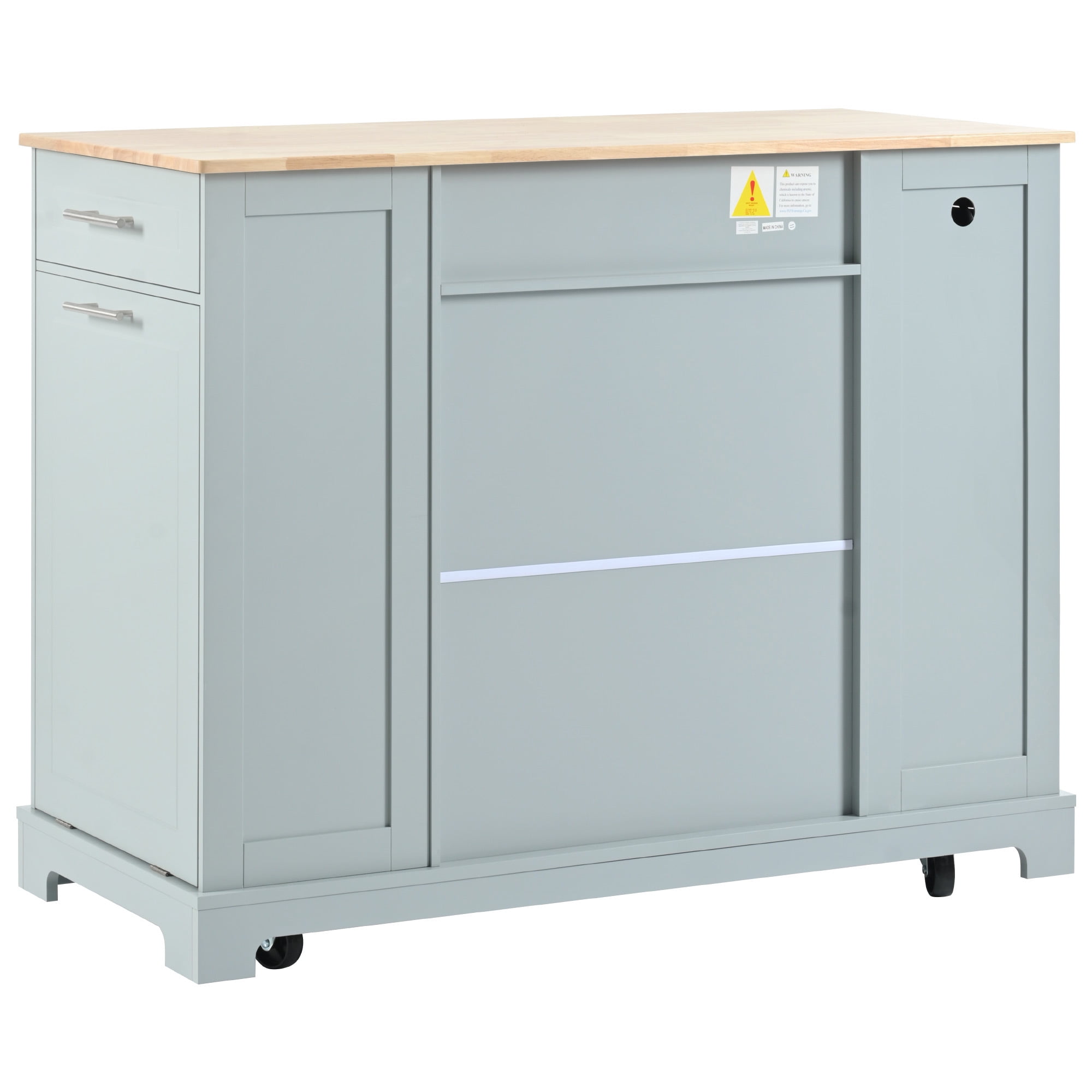 AENKYO Fluted Kitchen Island with Trash Can Storage Cabinet, Power Outlet, Internal Storage Rack, Rolling Kitchen Islands on 5 Wheels with 3 Drawer, 3 Open Side Racks for 10 Gallon Garbage Bin,Green