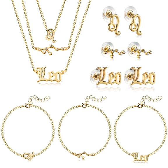 Leo Zodiac Necklace withe Bracelet Earrings Jewellery Set for Birthday Valentine's Mother's Day,9 Pieces