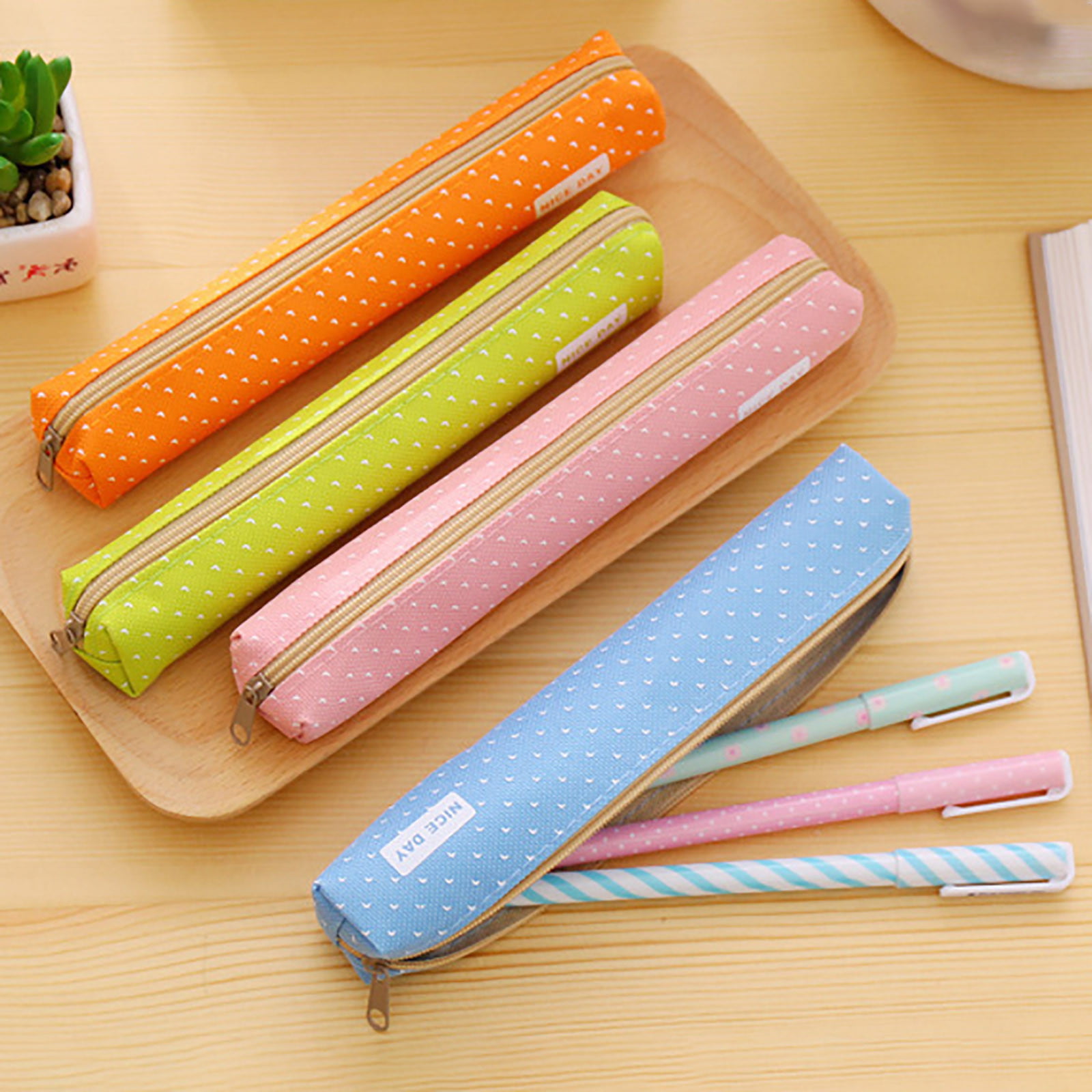 COFEST Long Polka Candy Colored Pencil Case Creative Canvas Pencil Case  Cute Pencil Case Small Slim Pencil Case Slim Polka Dot Pencil Pouches Orange