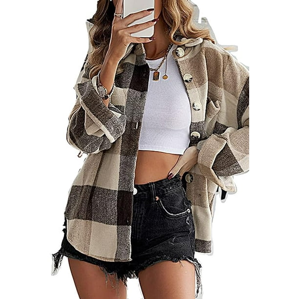 Veste Chemise Femme a Carreaux shacket Manches Longues blouse Manteau Flanelle