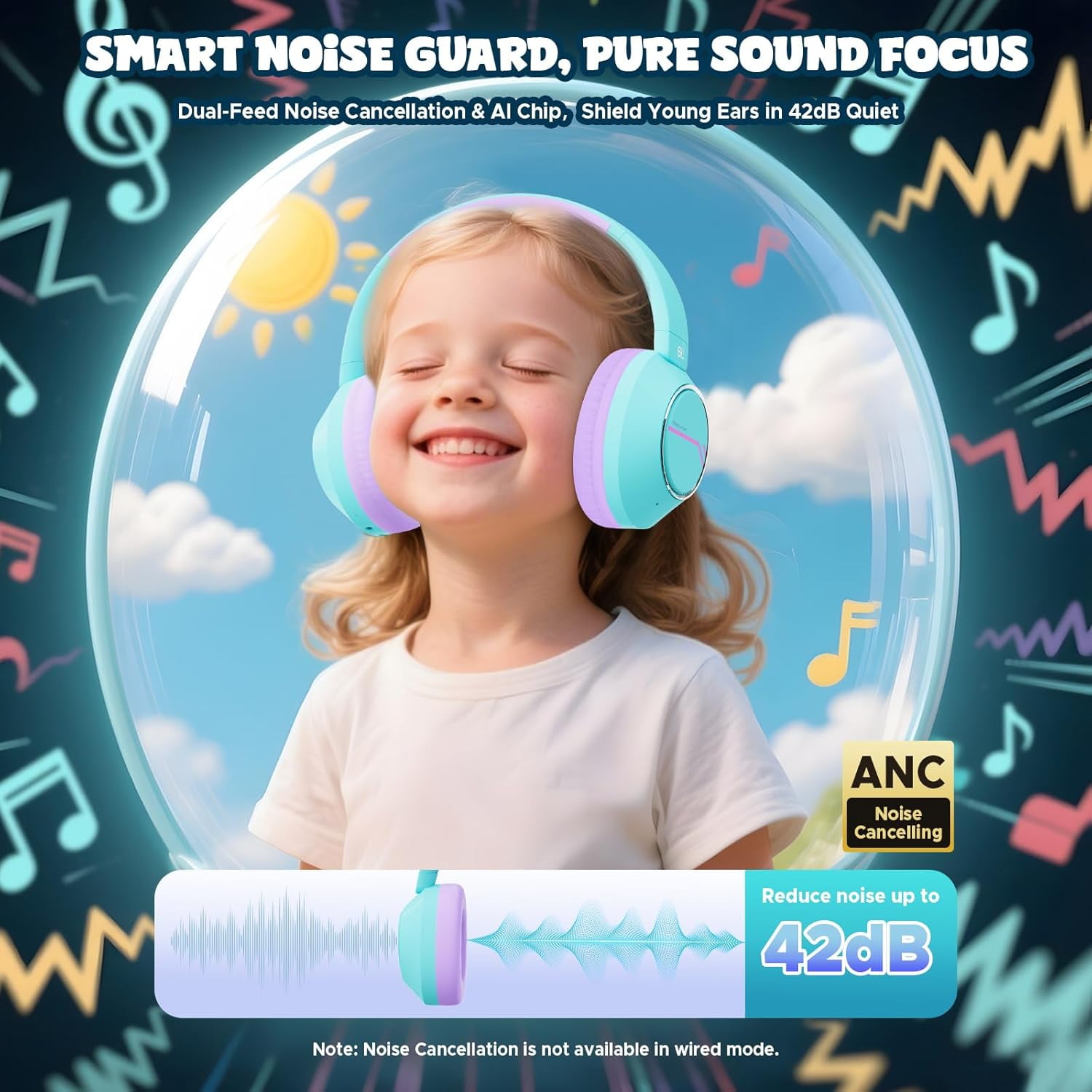 Nova1Pro Kids Wireless Active Noise Cancelling Headphones, Bluetooth 5.4, 60H Playtime, Volume Limited 75/85/94dB, Type-C Fast Charging, Mic, Foldable for School/Travel/Airplane, Green