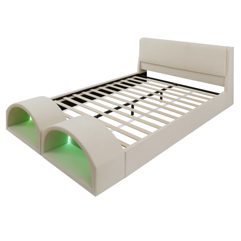 Queen Size Upholstered Platform Bed with LED Lights, Velvet Kids/Teens/Adults Low-Profile Bed Frame with Pet Nests at Footboard