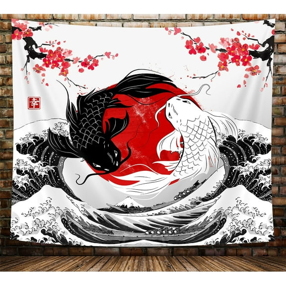 Japanese Anime Tapestry, Black and White Yin Yang Koi Fish Tapestry for Bedroom Aesthetic, Asian Wave Cherry Blossom Tapestries Poster Beach Blanket College Dorm Home Decor, 60X40in