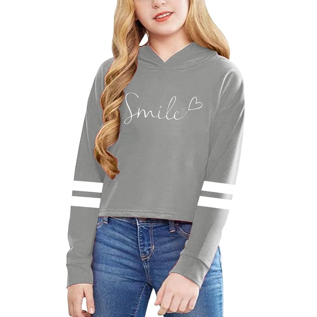 GDREDA Spring Sweatshirt Children Girls Long Sleeve Letters Solid Color Short Hoodie Hoodie Top For Large Children Grey,12-13 Years