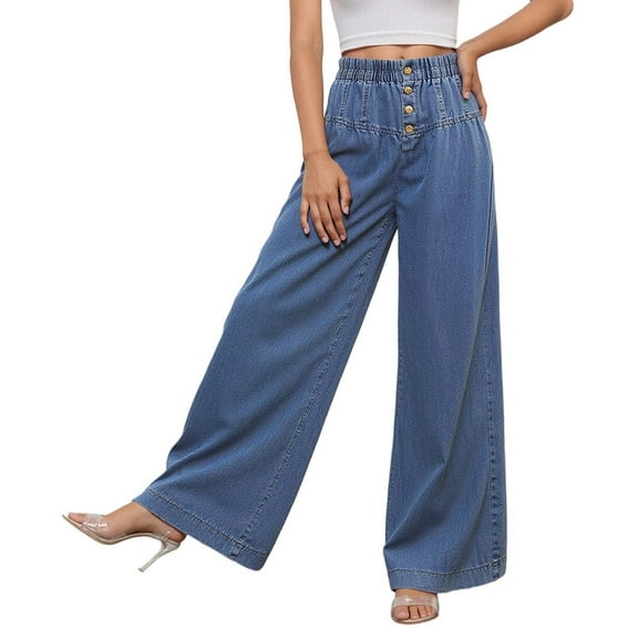 Women's Stretchy Denim Pants High Waisted Wide Leg Regular Fit Jeans Pants Casual Baggy Jean Trousers 2025 with Pockets
