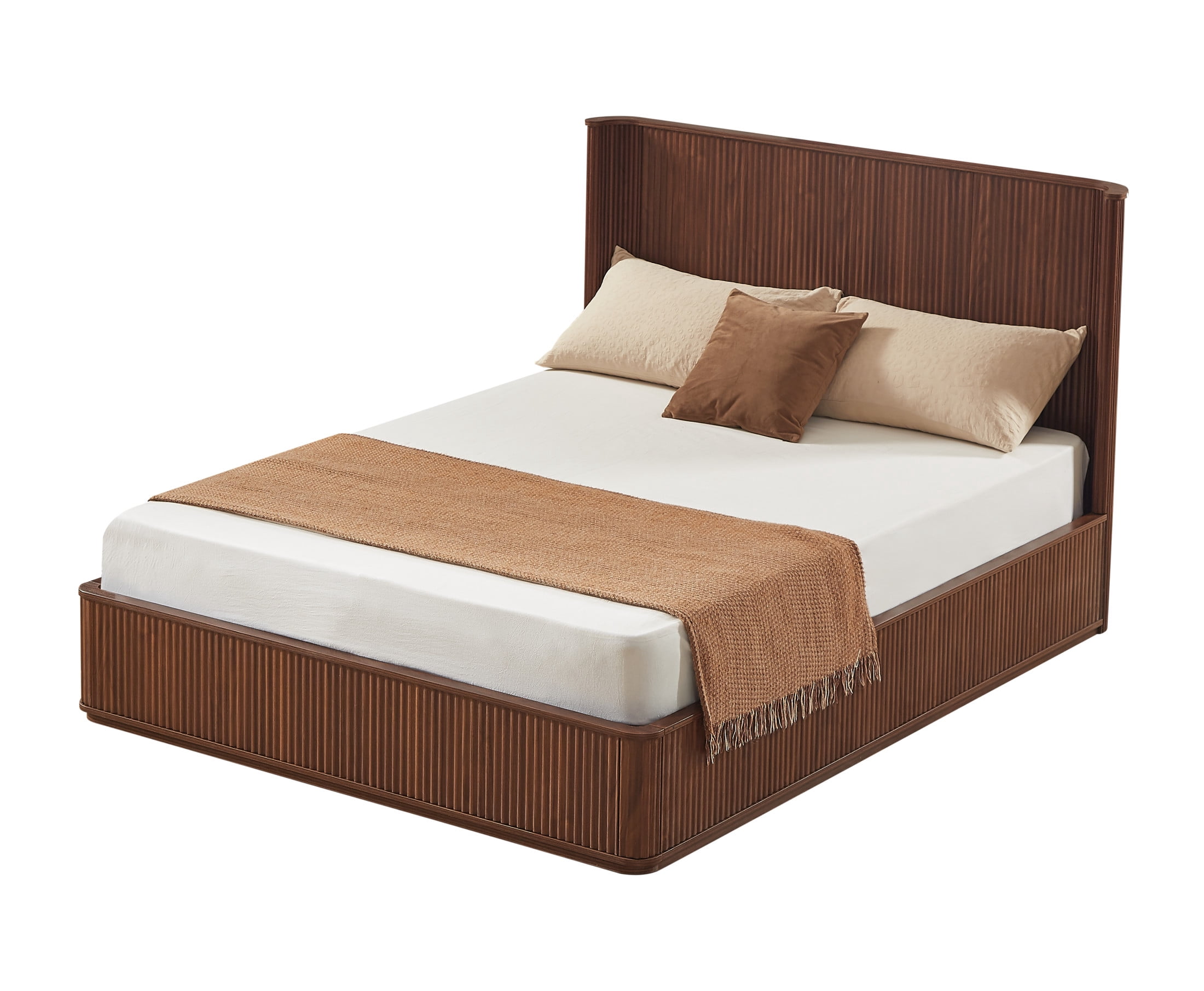 Noble House Queen Platform Bed Frame with 44.49"H Curved Headboard, Wood Slat Support, Walnut
