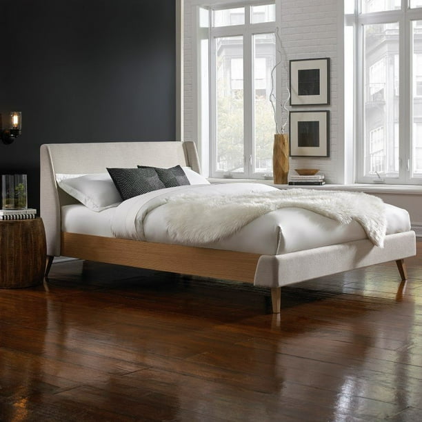 Palmer Complete Upholstered Platform Bed And Bedding Support System With Wingback Panels Light Oak Wood Side Rails Flax Finish California King Com Palmer Complete Upholstered Platform, California King Bed Side Rails