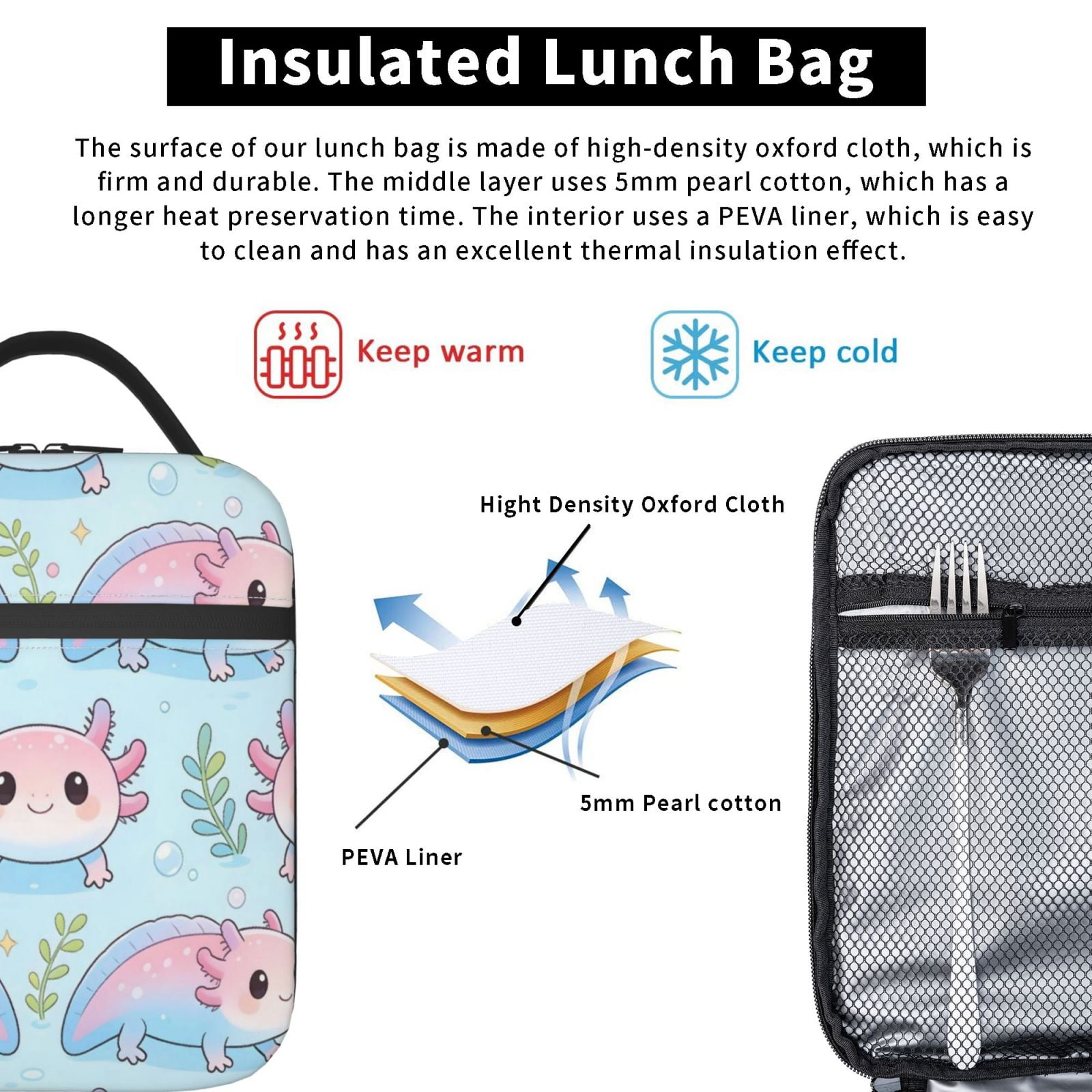 Lunch Bag For Women Men Insulated Portable Lunch Box Bento Box Office Picnic Travel Cooler Bag Adorable Pink-To-Blue Gradient Axolotl