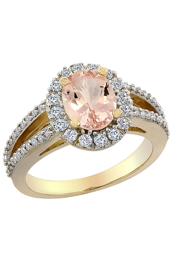 14K Yellow Gold Natural Morganite Halo Ring Oval 8x6 mm with Diamond Accents, size 8