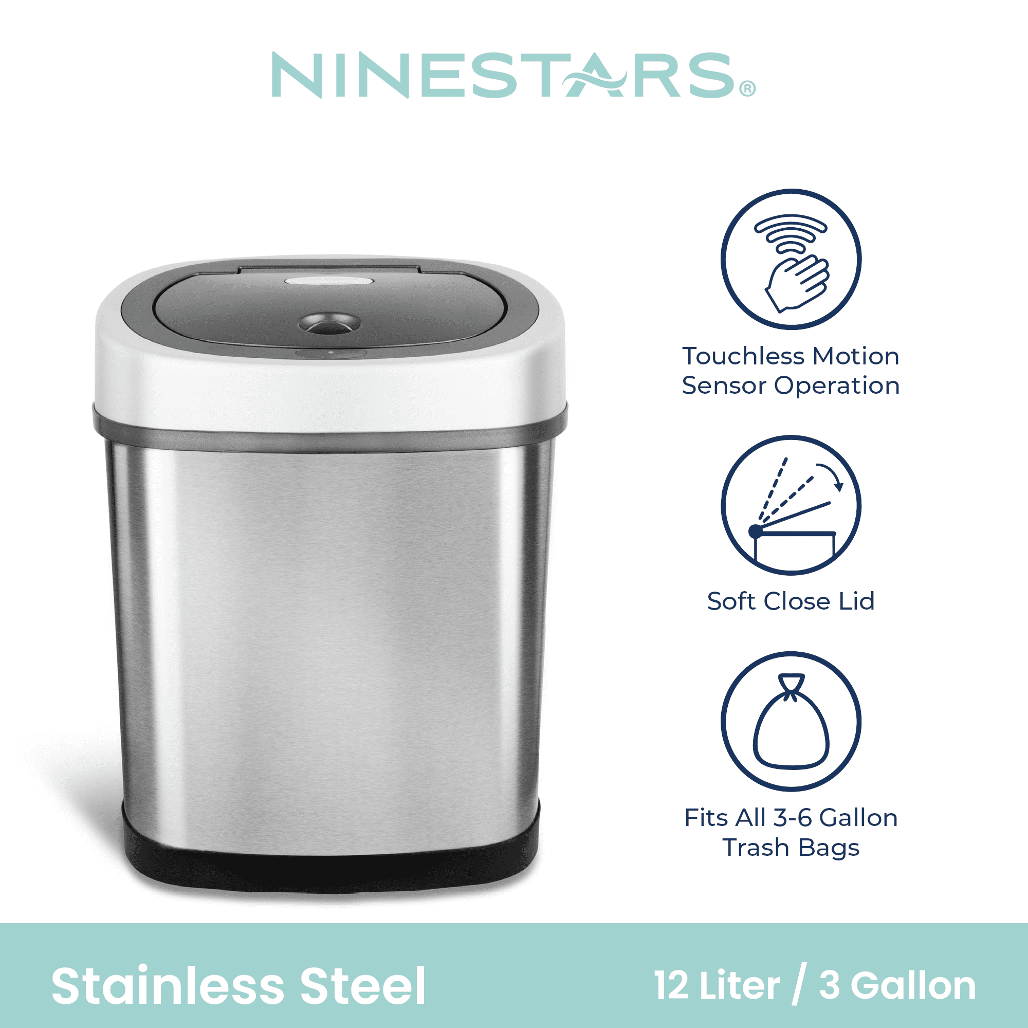Nine Stars Automatic Bathroom Trash Can, 3 Gallon  Motion Sensor Garbage Bin with Soft Close Lid, Stainless Steel