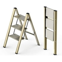 3 Step Ladder, Foldable Step Stool, Aluminum Lightweight Ladder for Home Kitchen Closet, Anti-Slip Pedals, Ease of Folding, Portable, 300lbs Capacity - Gold
