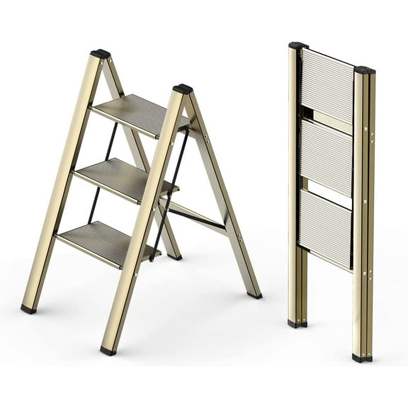 3 Step Ladder, Foldable Step Stool, Aluminum Lightweight Ladder for Home Kitchen Closet, Anti-Slip Pedals, Ease of Folding, Portable, 300lbs Capacity - Gold