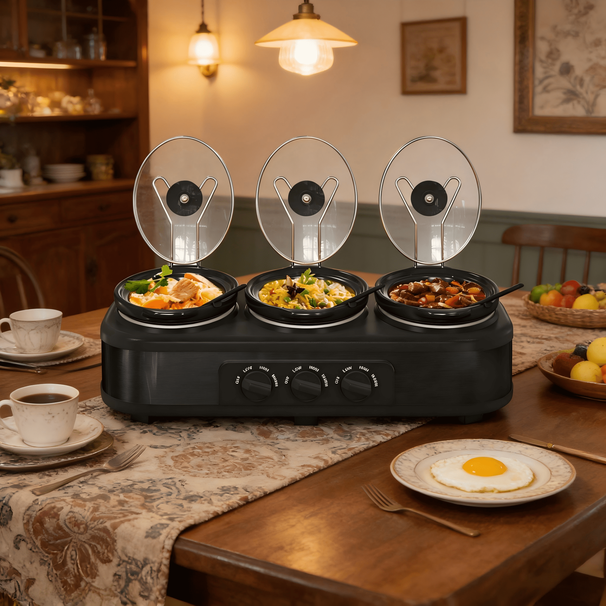 3 Pot Slow Cooker Set, Triple Slow Cooker with 3×1.5QT Removable Ceramic Crocks, 4.5QT Total, Adjustable Temperature for Family Dinner & Party,SL