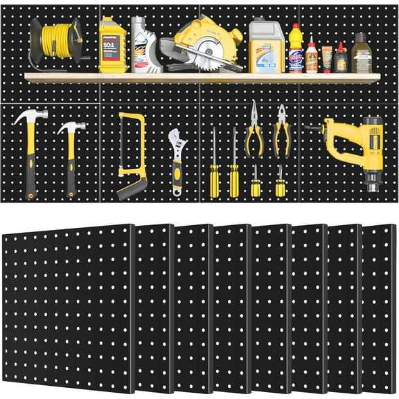 Pegboard Panels 8 Packs 12"x12" Metal Black, Heavy Duty Steel Peg Boards Wall Tool Organizer with Screw for Garage, Tool Storage, Office Organization, Craft Room, Kitchen