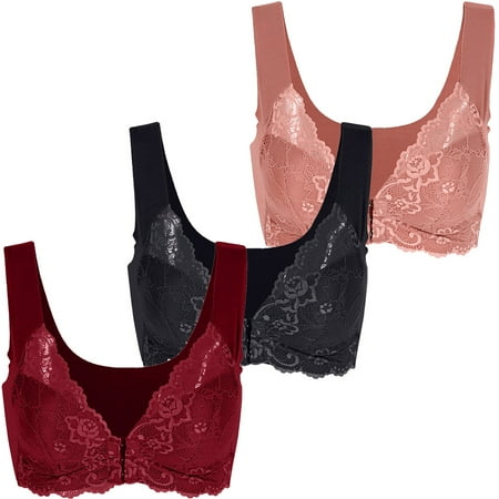 

Spdoo Women Floral Lace Bralette Wireless Front Closure Back Smoothing Push up Bra Thin Padded Underwear 3-Pack