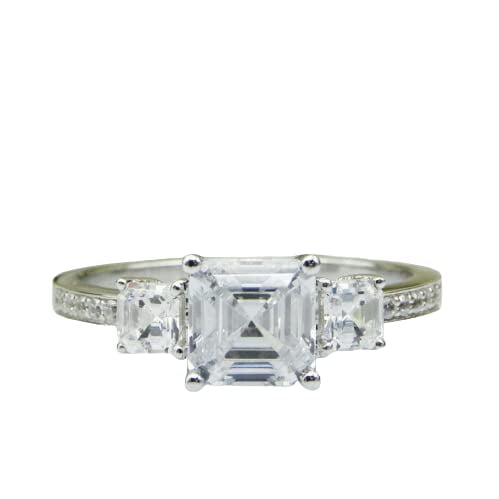 HeartsAndYou 3.2ct Asscher Cut Moissanite Solitaire with Accent Trilogy Ring 18k White Gold over Silver