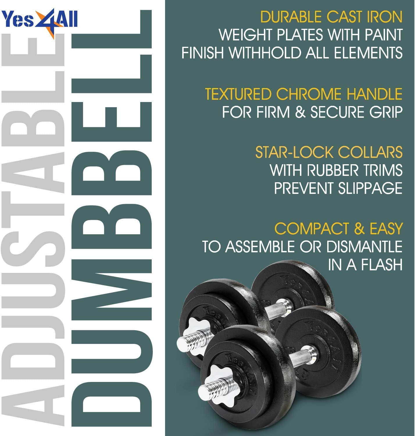 Yes4All 200 lbs Adjustable Dumbbell Weight Set, Cast Iron Dumbbell, Pair