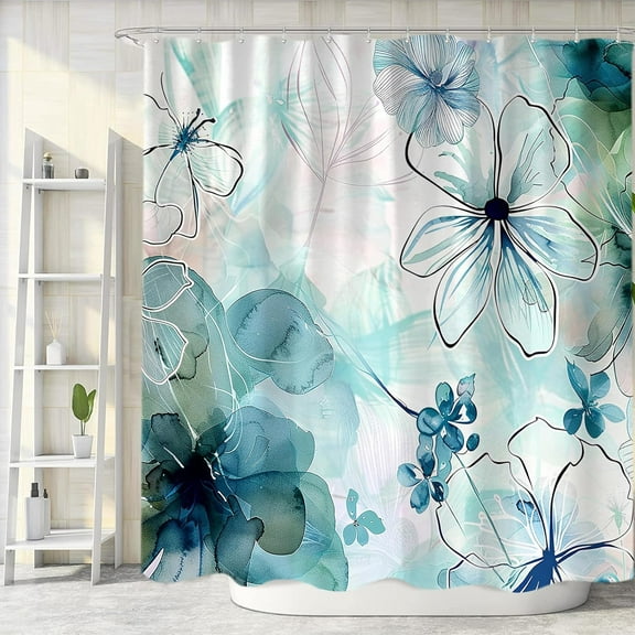 Teal Floral Shower Curtain, Boho Emerald Sage Olive Green Blue Abstract Flowers Art Cute Fabric Shower Curtains Set for Bathroom Decorative with Hooks Spring Bath Decor 36"W x 72"L (Pack of 1)