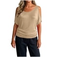 thumbnail image 4 of Gamivast Cold Shoulder Tops for Women Short Sleeve Scoop Neck T Shirts Casual Loose Fit Summer Blouses Basic Flowy Tees for Daily Vacation Khaki S, 4 of 8