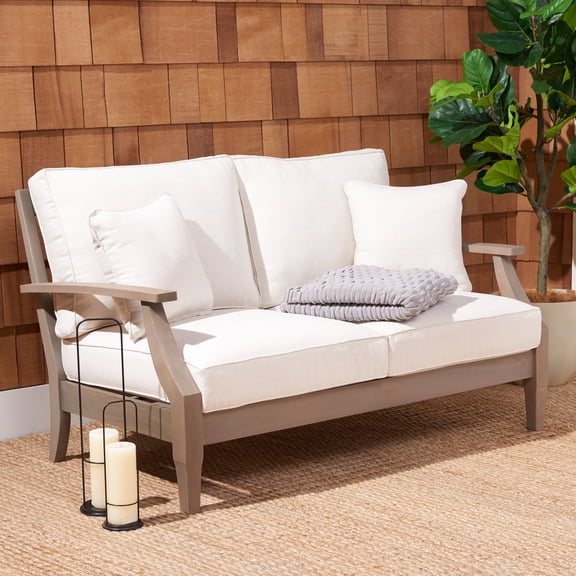 SAFAVIEH Couture Martinique Eucalyptus Wood Outdoor Cushions with Pillows, Light Grey/Beige