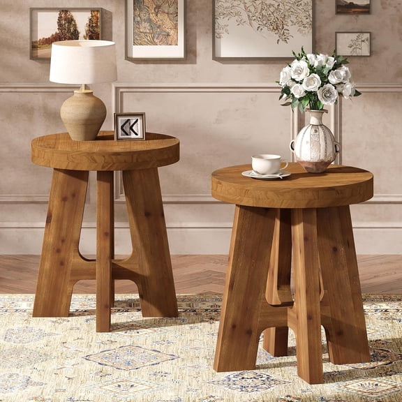 Solid Wood Round End Table, Farmhouse Round Side Table with Heavy-Duty Legs for Living Room, Small Spaces, Brown, 2PCS