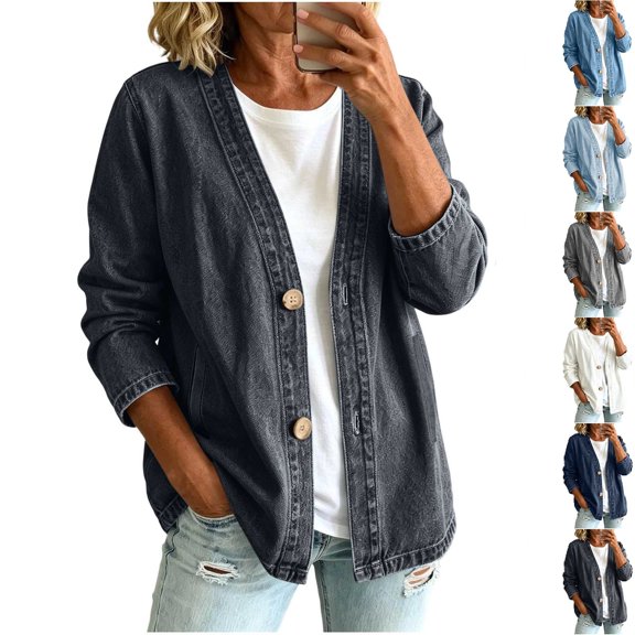 Women's V Neck Button Long Sleeve Washed Denim Cardigan Jacket with Side Pockets,Black,Women's Plus Size L
