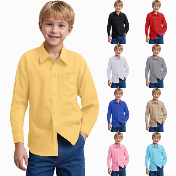 WUANDIXFA Girls Collared Shirt 5-14 Years Boys Girls Shirts Long Sleeve Button Down Blouse School Dress Shirt Tops,Khaki,11-12 Years