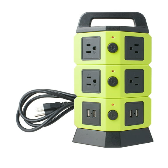 110V-250V 7 US Socket 4 USB 2100mA Power Outlet Vertical Multi-Socket Green