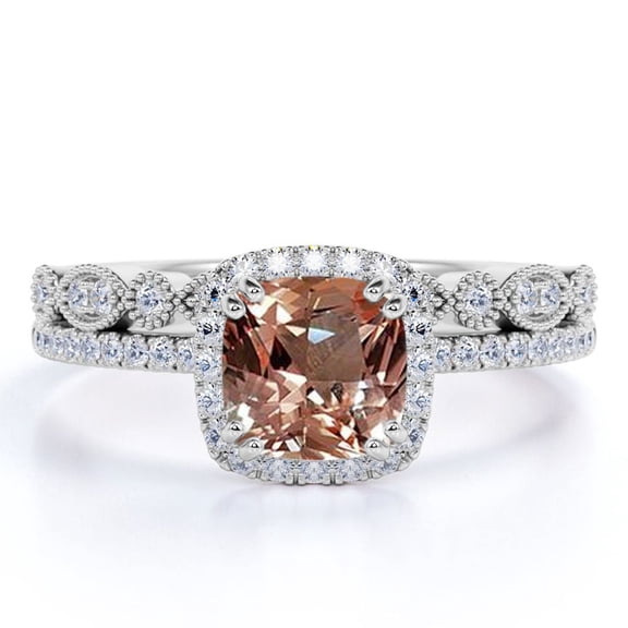 JeenMata Peach Pink 2 Carat Cushion cut created morganite and Moissanite Bridal Wedding Ring Set with Engagement Ring and Wedding Band in 18k Gold Over Silver