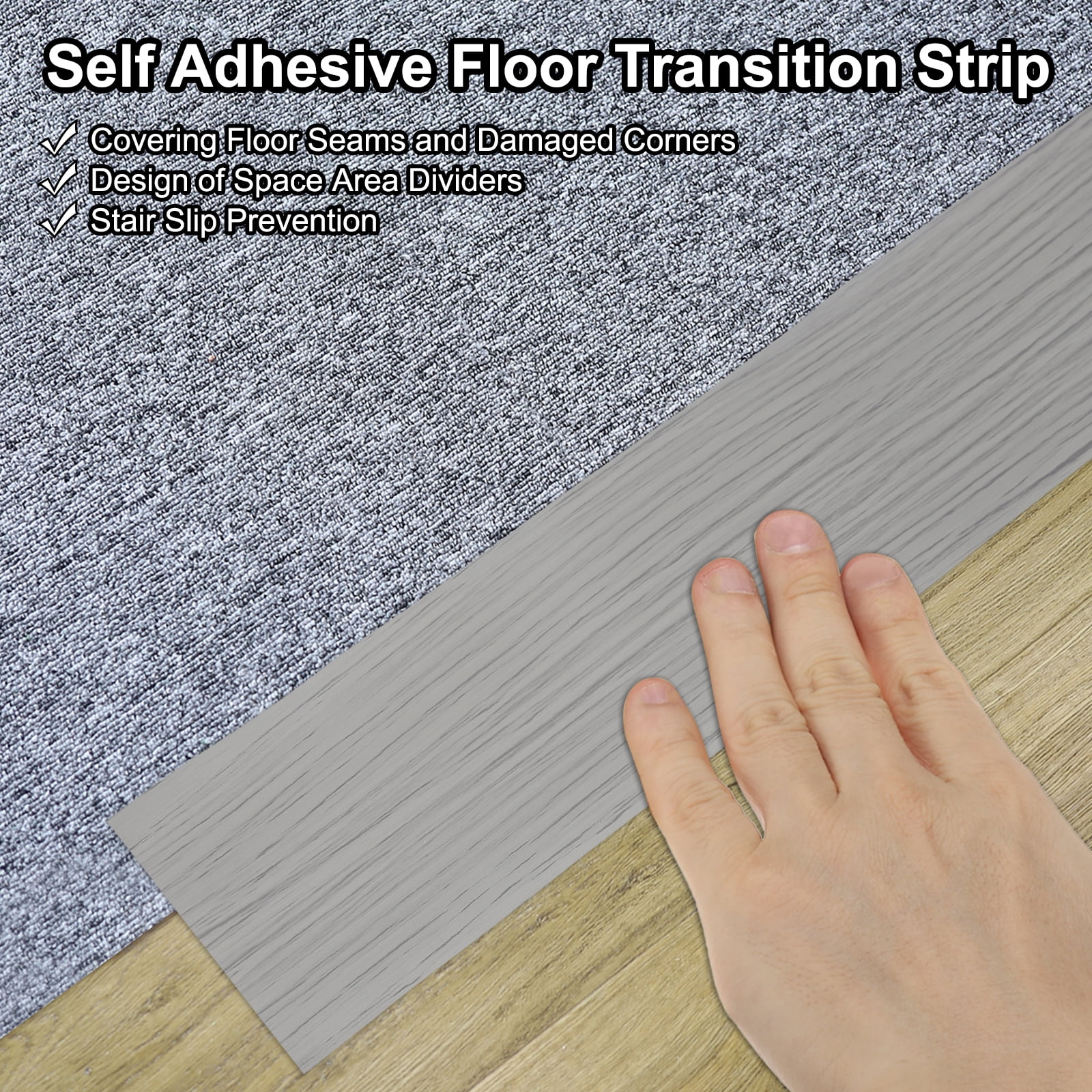 Uxcell Self Adhesive Floor Transition Strip Vinyl Flat Divider Flooring New Gray Wood Grain 20 FT x 2"