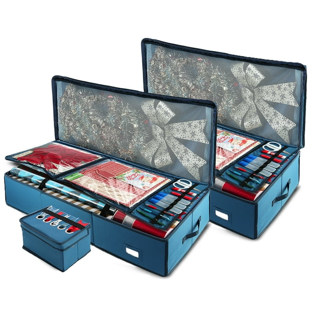 Hearth & Harbor Pack of 2 Wrapping Paper Storage Organizer Container - Christmas Wrapping Paper Rolls Storage, Under-Bed Storage Box for Holiday Storage & Accessories - Gift Wrap Storage Organizer Box
