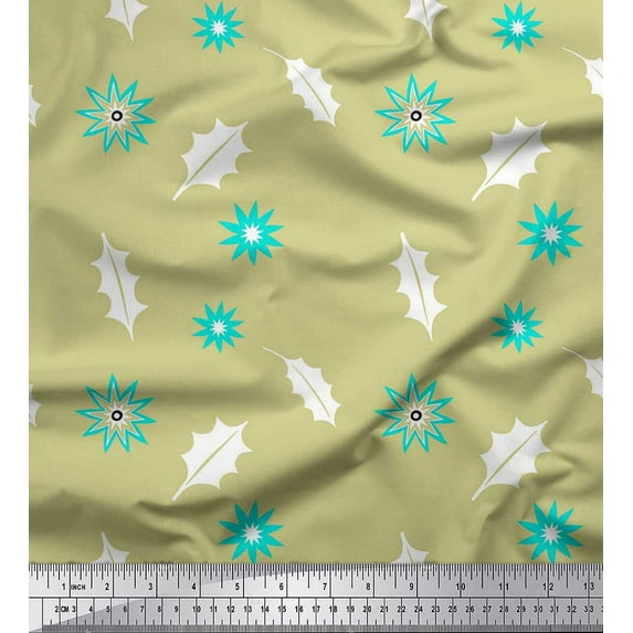 Soimoi Cotton Poplin Fabric Star & Holly Leaves Print Fabric by the Yard 42 Inch Wide