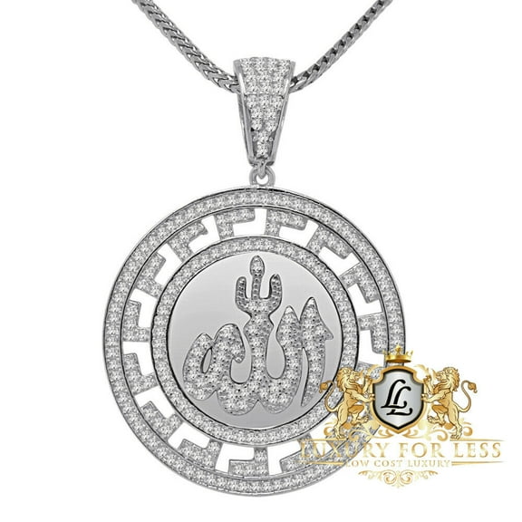 Genuine Sterling Silver Allah God Muslim Charm Islamic Pendent Lab Diamond Chain