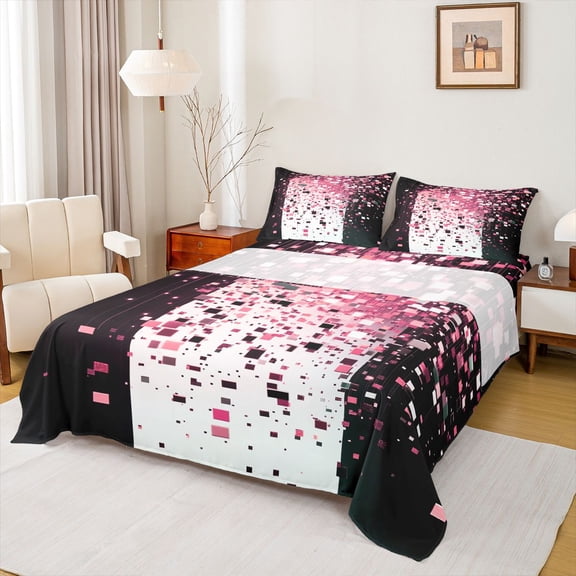 Manfei Female Men Geometric Plaid Twin Sheet Sets 3pcs,Abstract Gradient Twin Fitted Sheet Microfiber,Bling Glitter Breathable Flat Sheet,Luxury Bedroom Decor