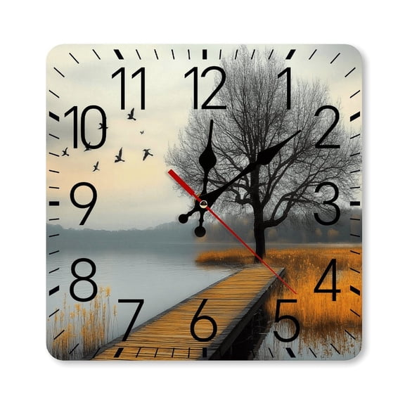 RKSupls 10×10inch Square Silent Wall Clock Wooden Frame, Lake Tree Boardwalk Birds Scale Decorative Clock for Home Bedroom Living Room Office