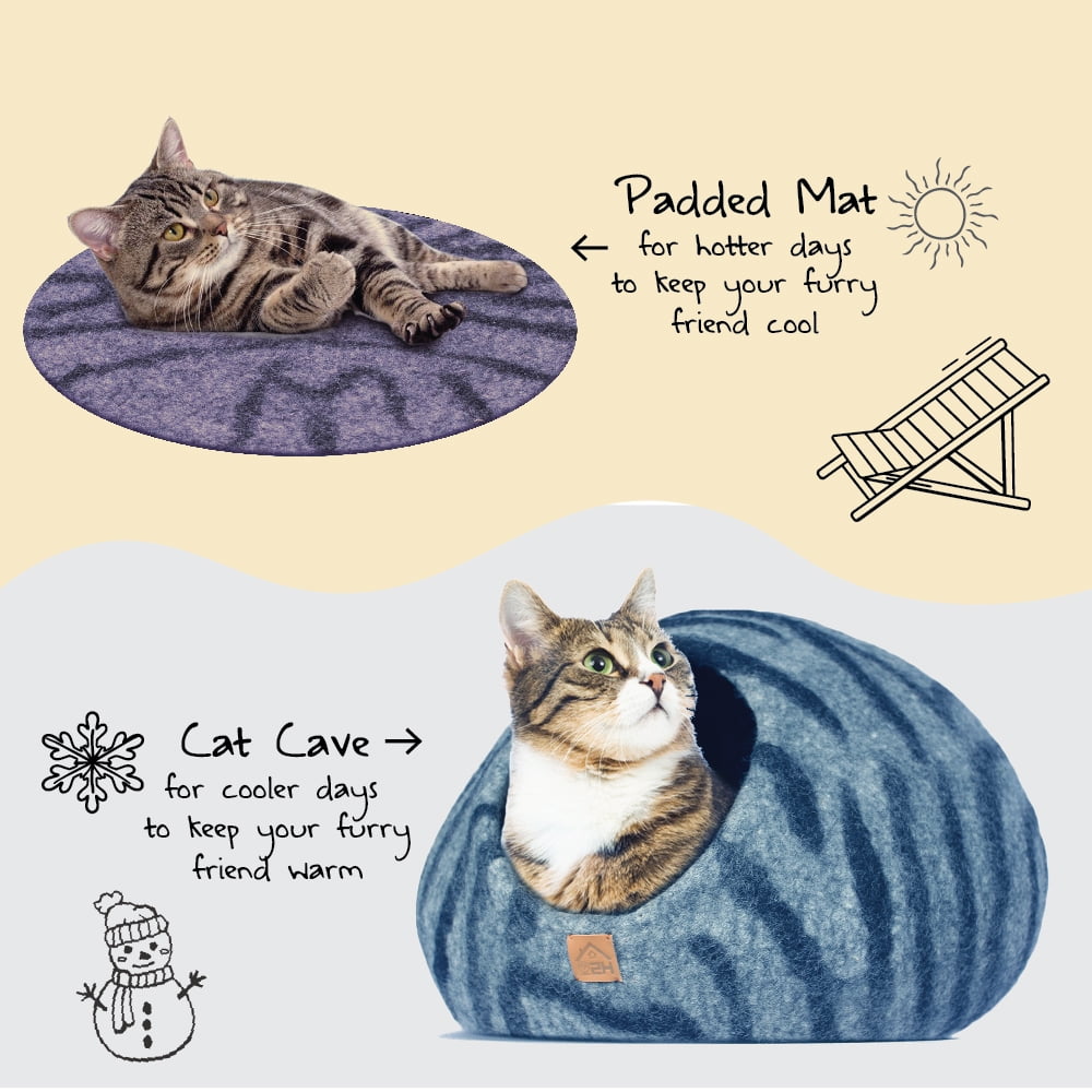 HAUSSIMPLE Wool Cat Cave Felt Bed for Kittens Cat Natural 100% Merino Wool Pet House - Gray Tiger