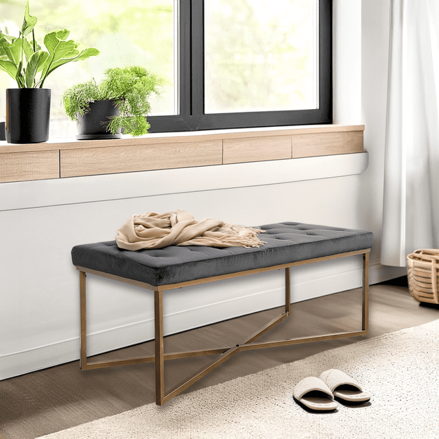 Banco Otomano de Terciopelo FurnitureR Capitoné para 2 o 3 Personas Gris