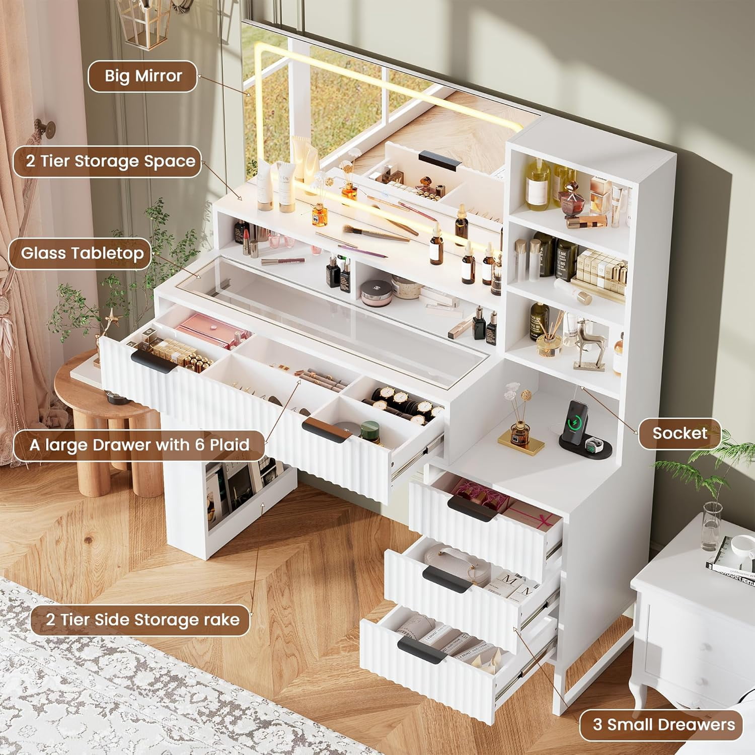 Large Fluted Vanity , Modern Style Makeup Vanity Desk with Lights and Mirrors for Bedroom (White)