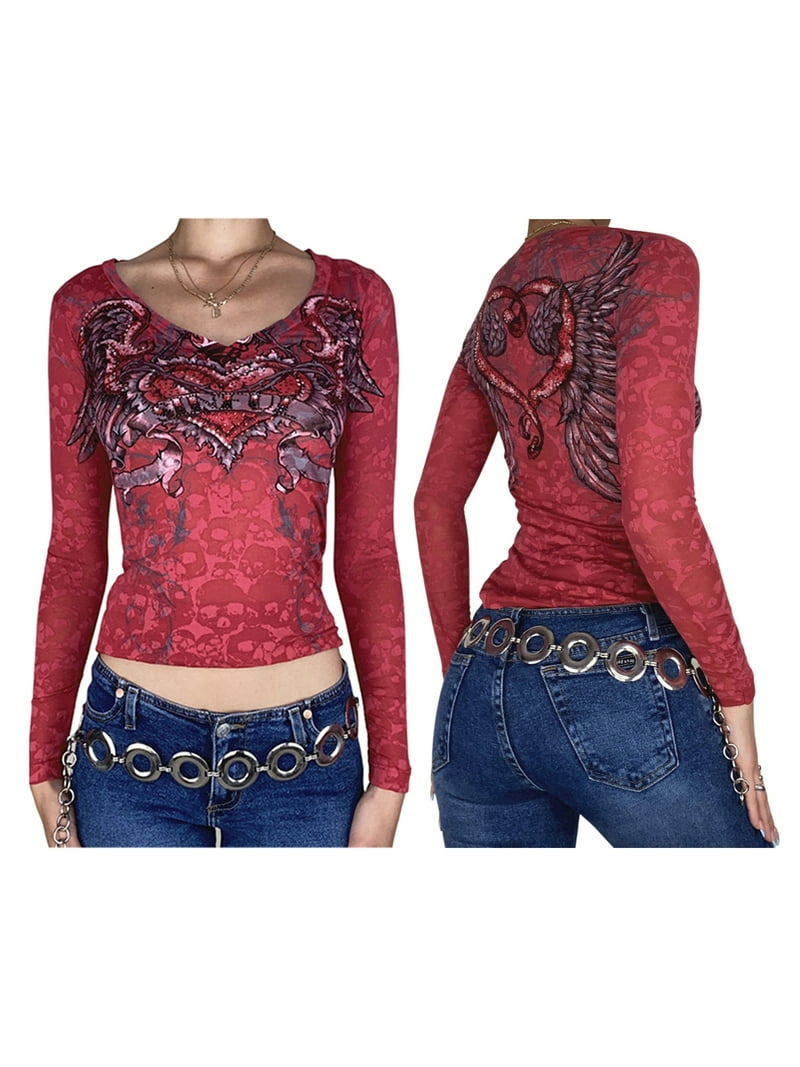 ICAN HAREM 切り替えレースロングカットソー　vintage y2k Women Retro Cross Graphic Ribbed Grunge Tops Y2K Round-Neck