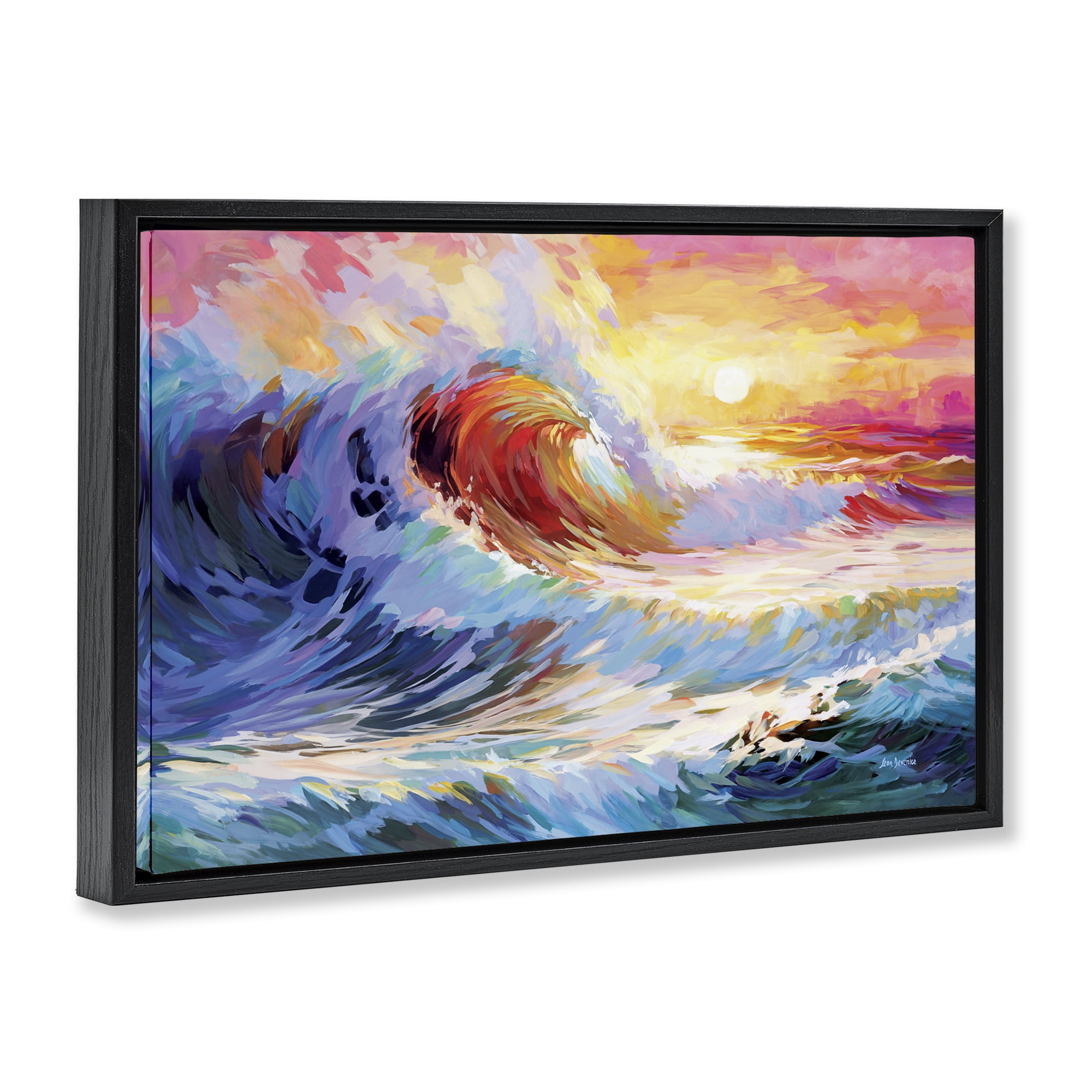 Stupell Industries Sunrise over Ocean Wave Nautical & Beach Painting Black Floater Framed Canvas Art Print Wall Art, 25 x 17