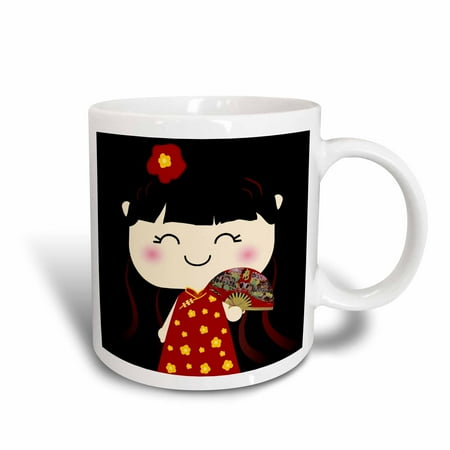 Imperial China Japan 3dRose Cute Kawaii Cartoon Japanese Chinese Girl Doll in traditional red gold Dress and fan - japan china, Ceramic Mug, 11-ounce ()
